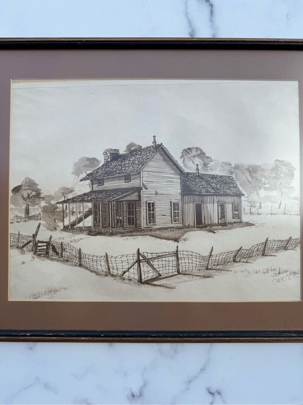 Carter vintage watercolor pencil farmhouse art framed rustic country rural verna